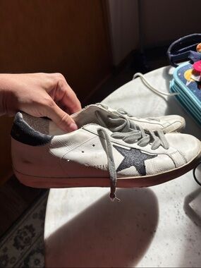Golden Goose White Leather Sneakers with Black glitter Star Accent